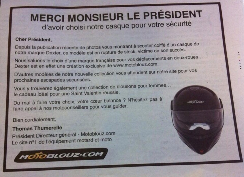 Publicite motoblouz- Casque Dexter - Francois Hollande - Janvier 2014
