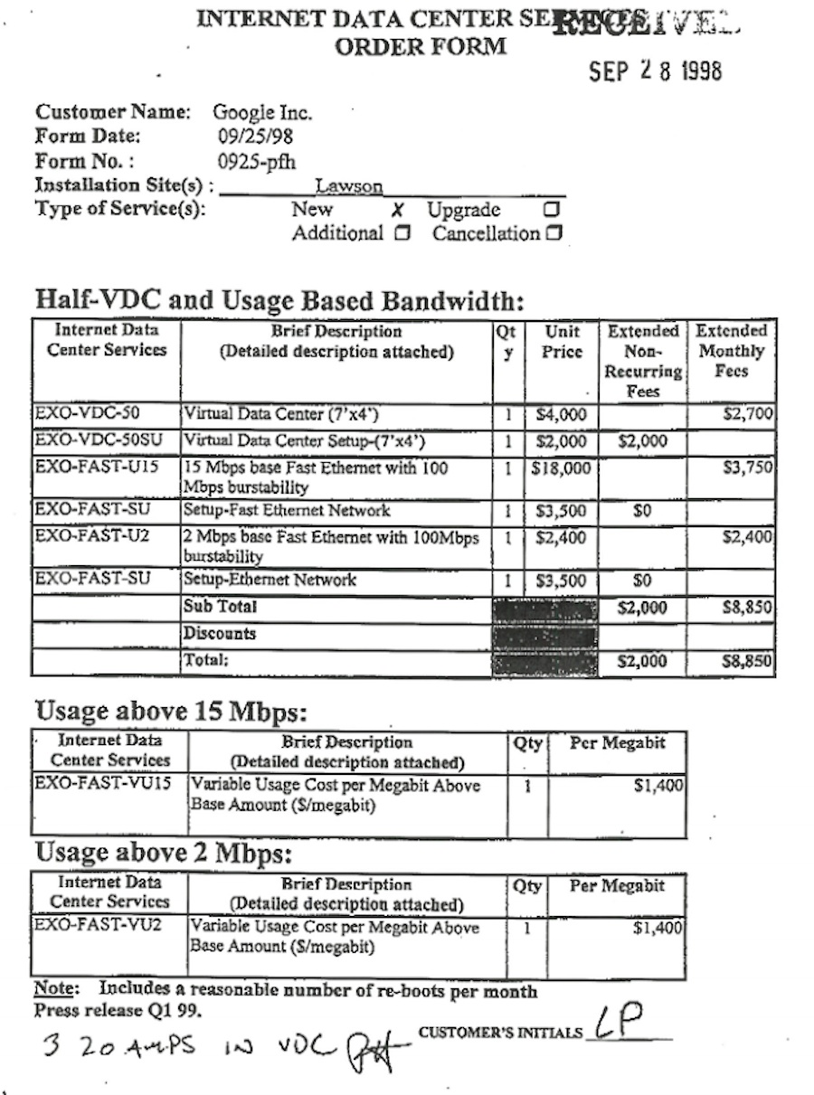 Facture Internet Google - 28 septembre 1998