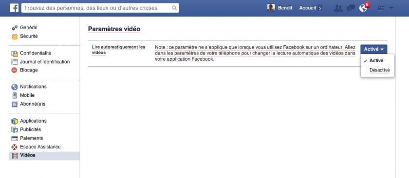 Desactiver les videos automatiques dans Facebook