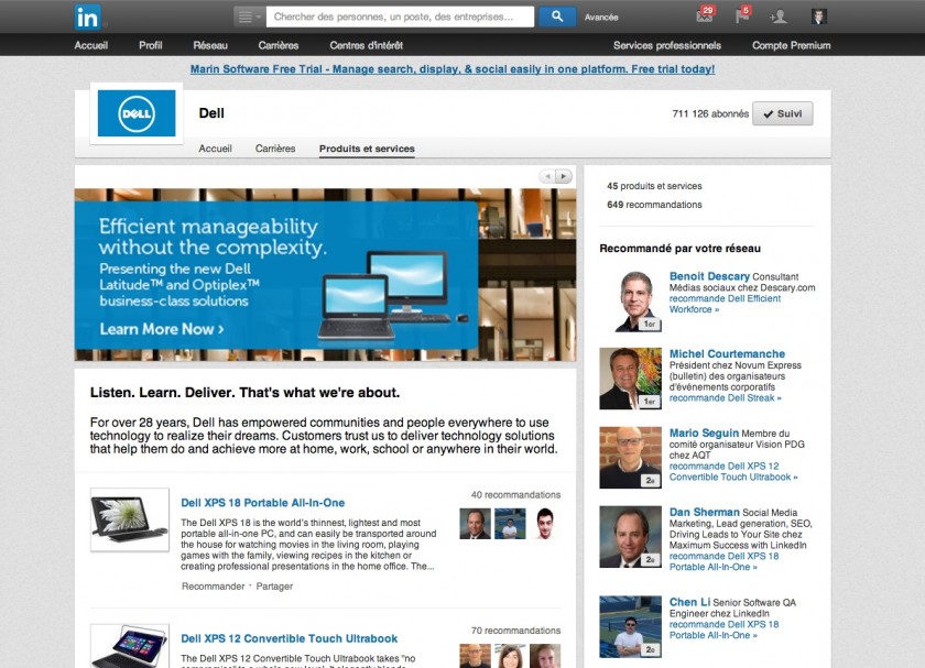 Page entreprise Linkedin - Onglet Produits et Services