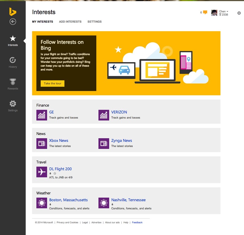Bing - Compte Microsoft - Parametrage des interets utilisateur