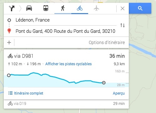 Google Maps - Detail Topgraphie Deniveles - Itineraire Velo