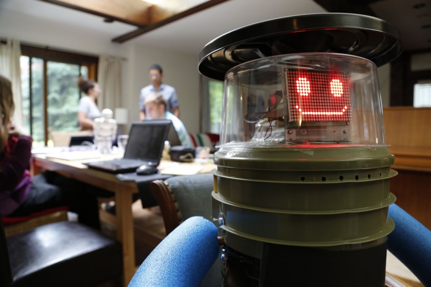 hitchBOT at home with it's research team in Port Credit, Ontario.