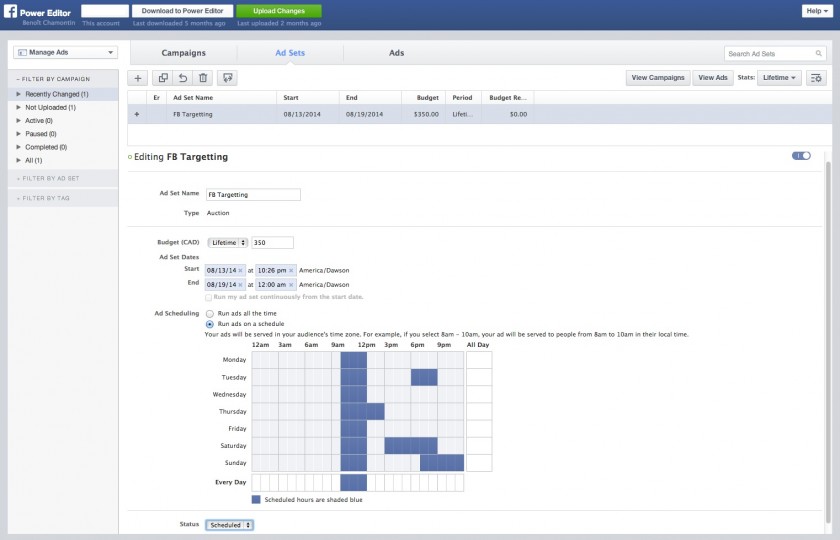 Exemple - Ad Scheduling - Facebook Power Editor