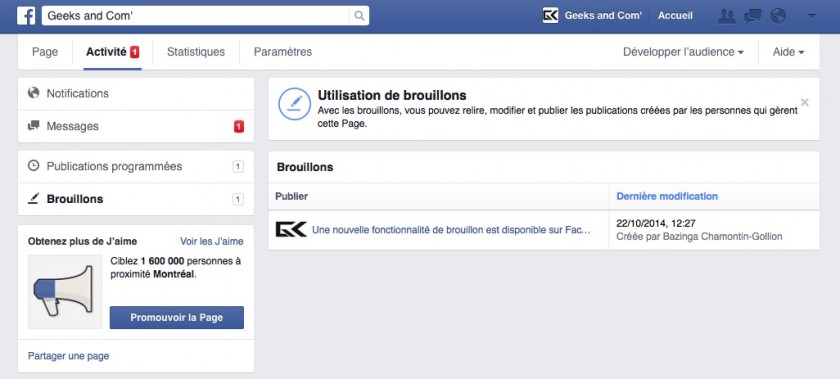 Activite - Espace Brouillons - Page Facebook