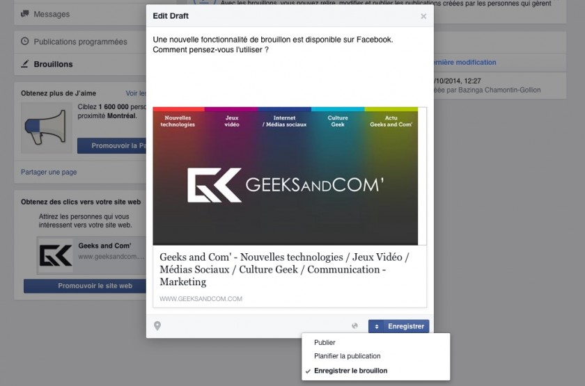 Editer un brouillon - Page Facebook