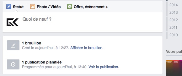 Information Brouillon et Publication planifiee - Page Facebook