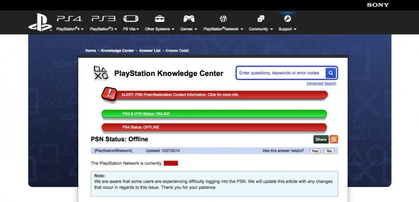 PSN PlayStation Network - Panne de Noel 2014 - Retour du service PS3 PSVita