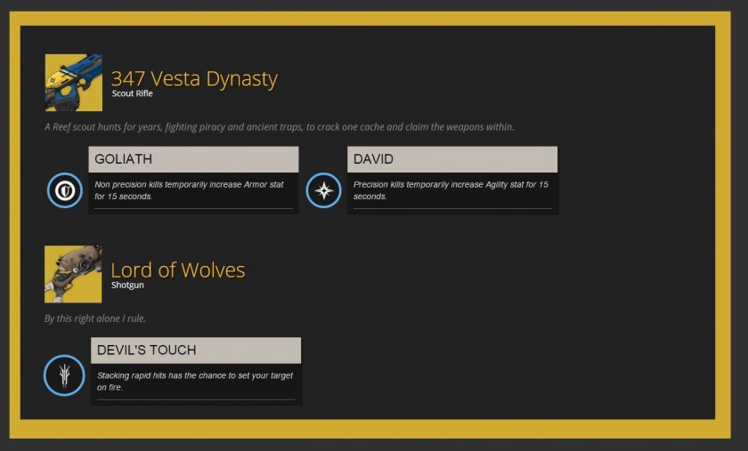 Destiny - La Maison des Loups - Exotics 1