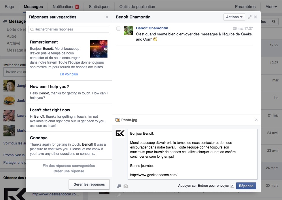 Page Facebook reponses sauvegardees - Messagerie Privee 4