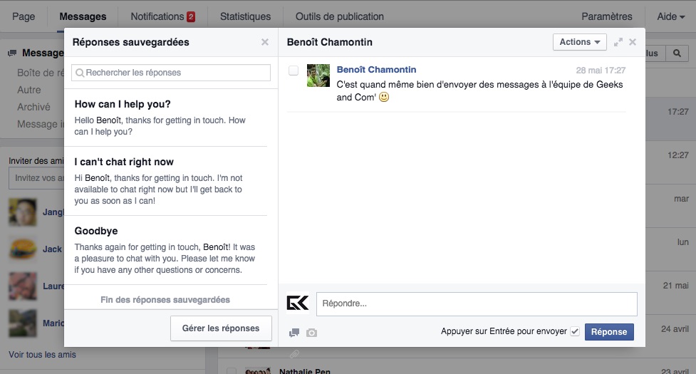 Page Facebook reponses sauvegardees - Messagerie Privee