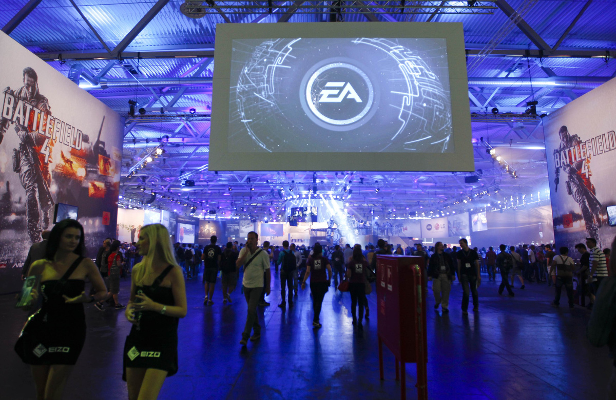 An overview shows the Electronic Arts EA exhibition stand during the Gamescom 2013 fair in Cologne. (Ina Fassbender/Reuters)
