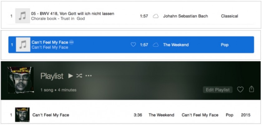 Morceau original, en haut Titre modifié, au milieu Version Apple Music, en bas