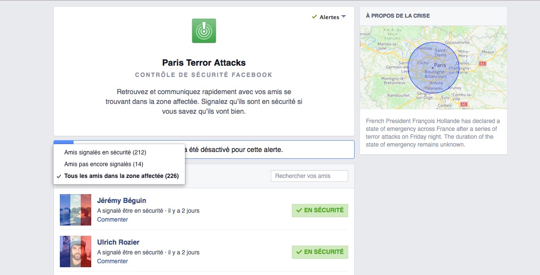 Facebook Safety Check - Attentats Paris - Novembre 2015