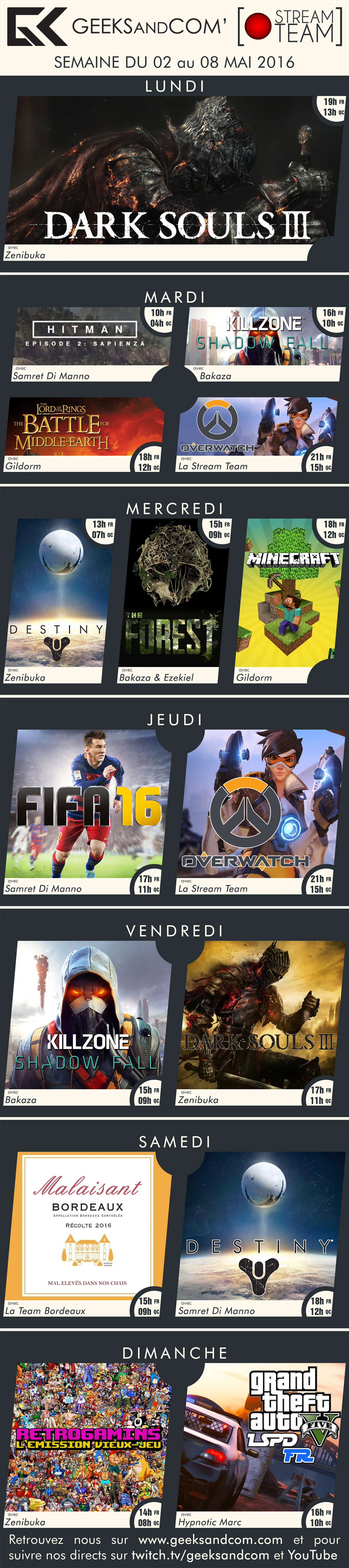 Planning Twitch Geeks and Com Stream 02 au 08 mai 2016