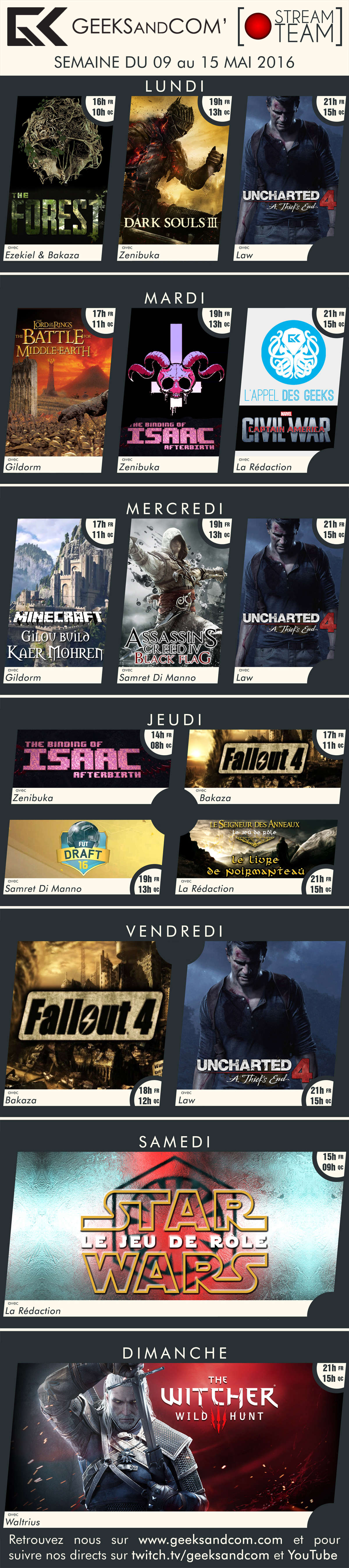 Planning Twitch Geeks and Com Stream 09 au 15 mai 2016