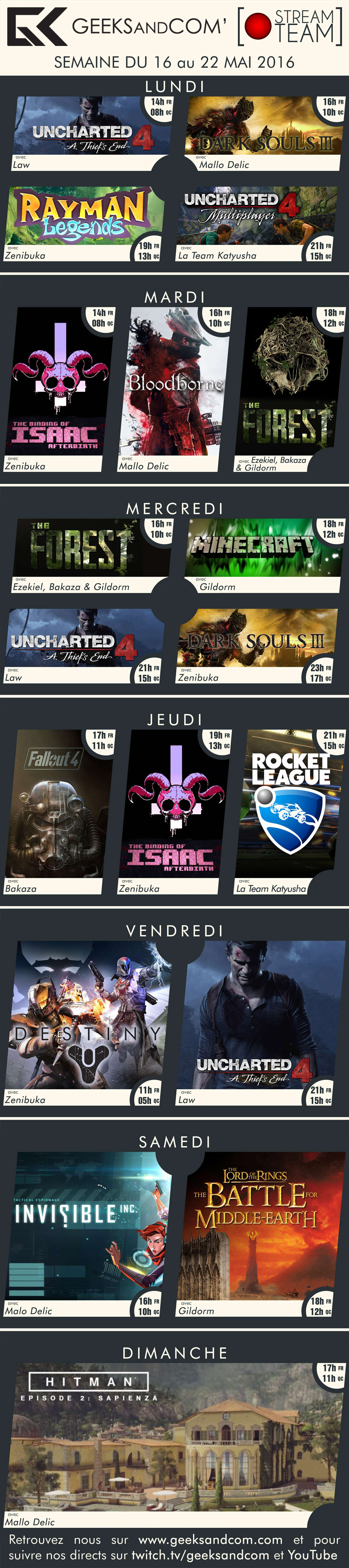 Planning Twitch Geeks and Com Stream 16 au 22 mai 2016