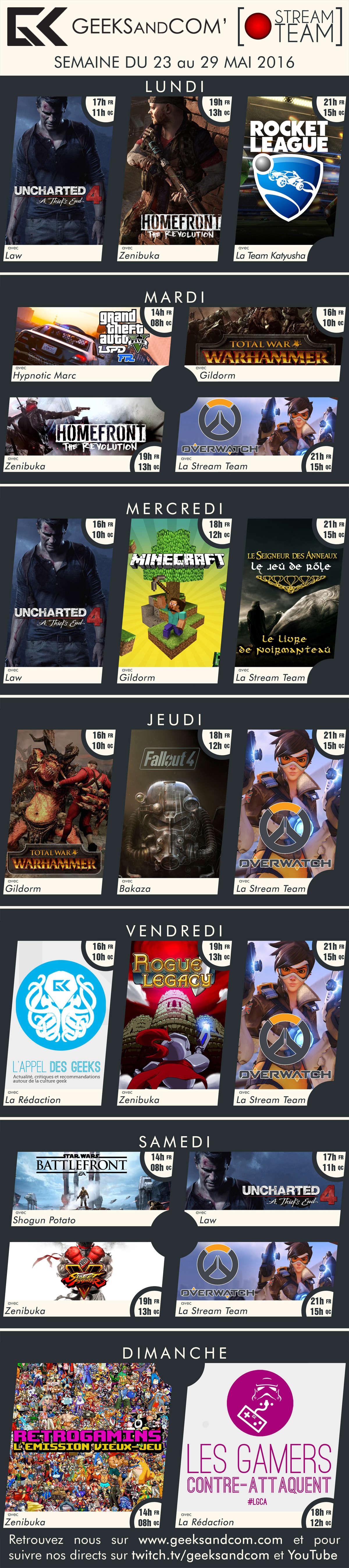 Planning Twitch Geeks and Com Stream 23 au 29 mai 2016