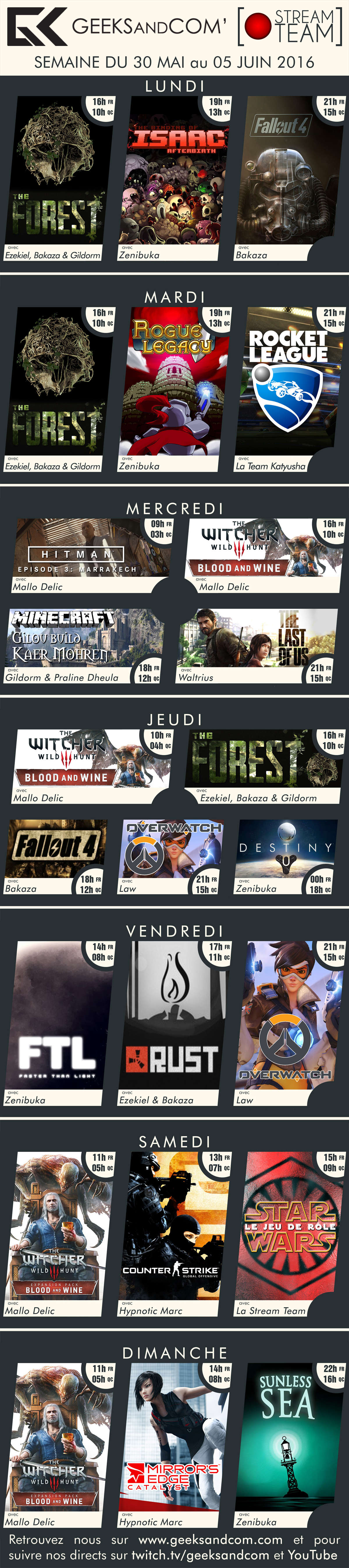Planning Twitch Geeks and Com Stream 30 mai au 05 juin 2016