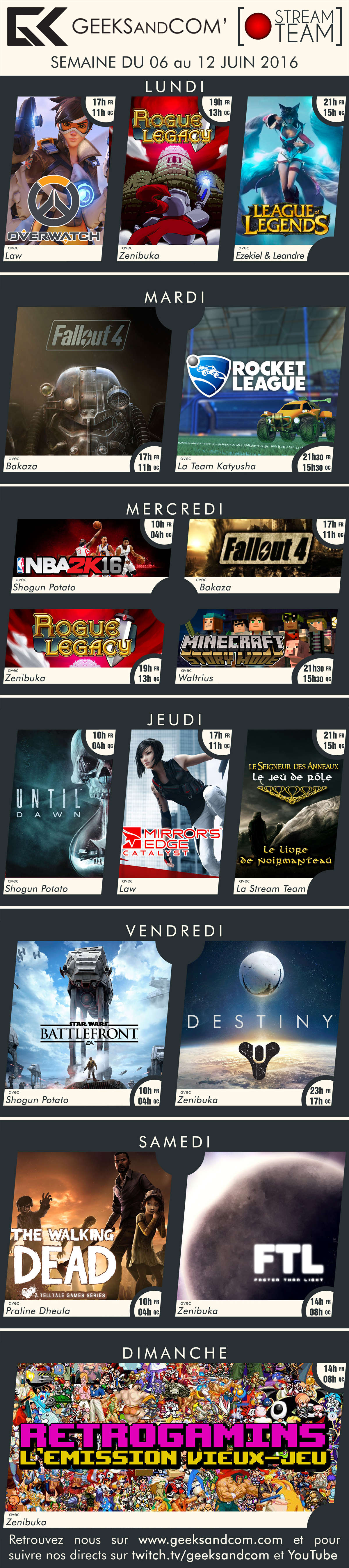 Planning Twitch Geeks and Com Stream 06 au 12 juin 2016