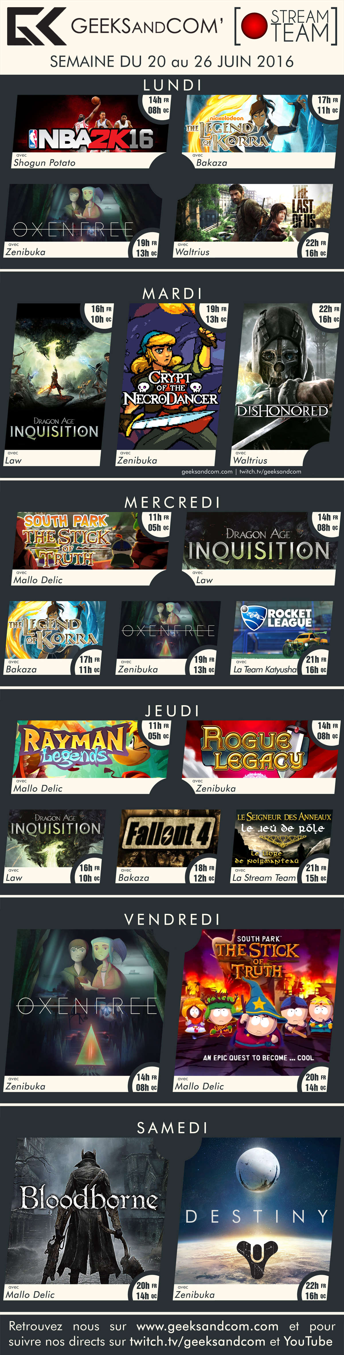 Planning Twitch Geeks and Com Stream 20 au 26 juin 2016 v4