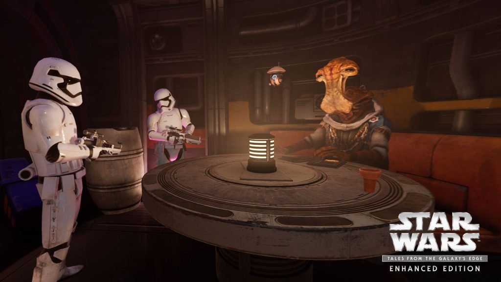 Un personnage non joueur est entouré de deux stormtroopers Star Wars Tales From the Galaxy's Edge : Enhanced Edition